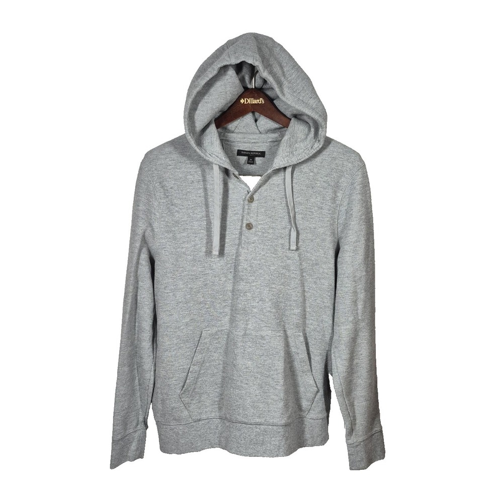 Banana Republic Henley Hoodie Pullover Mens Medium Gray Button Sweatshirt Pocket